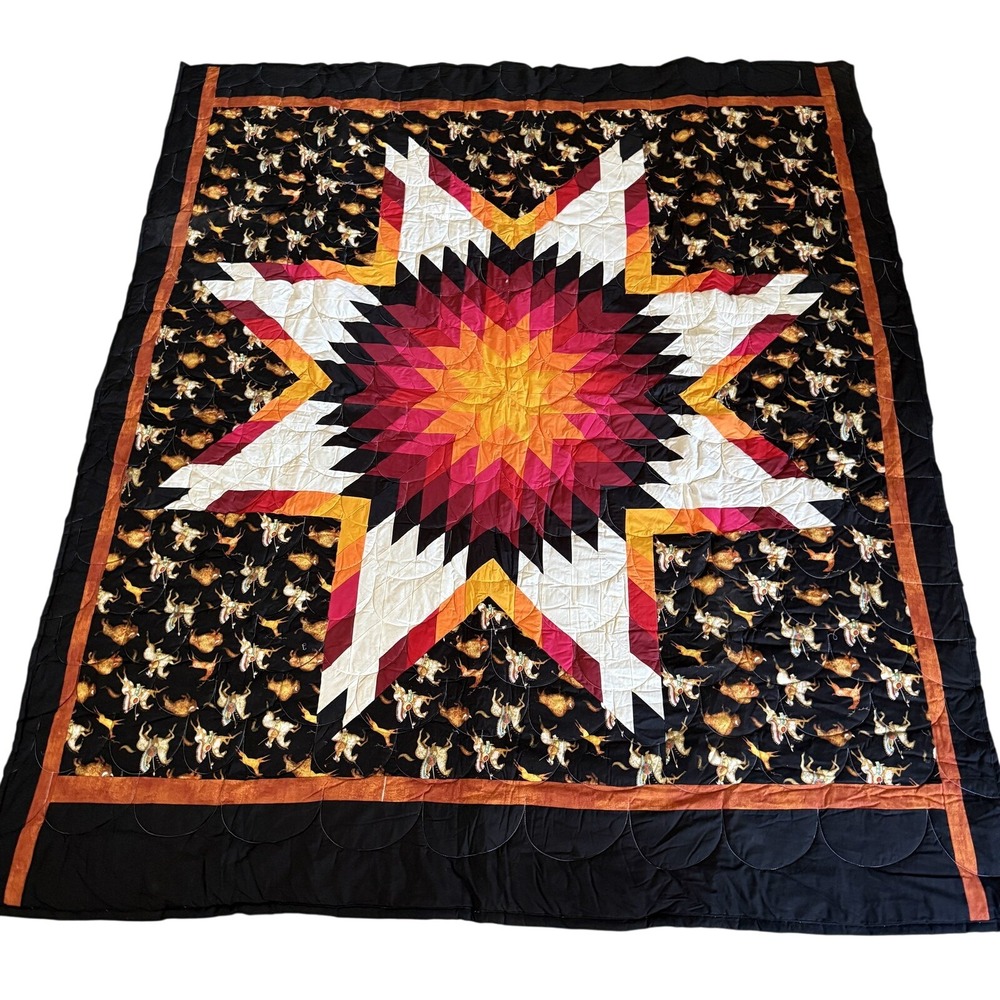 Southwestern Native Quilt 76x87 Black Western Horses Buffalo Starburst Bedspread